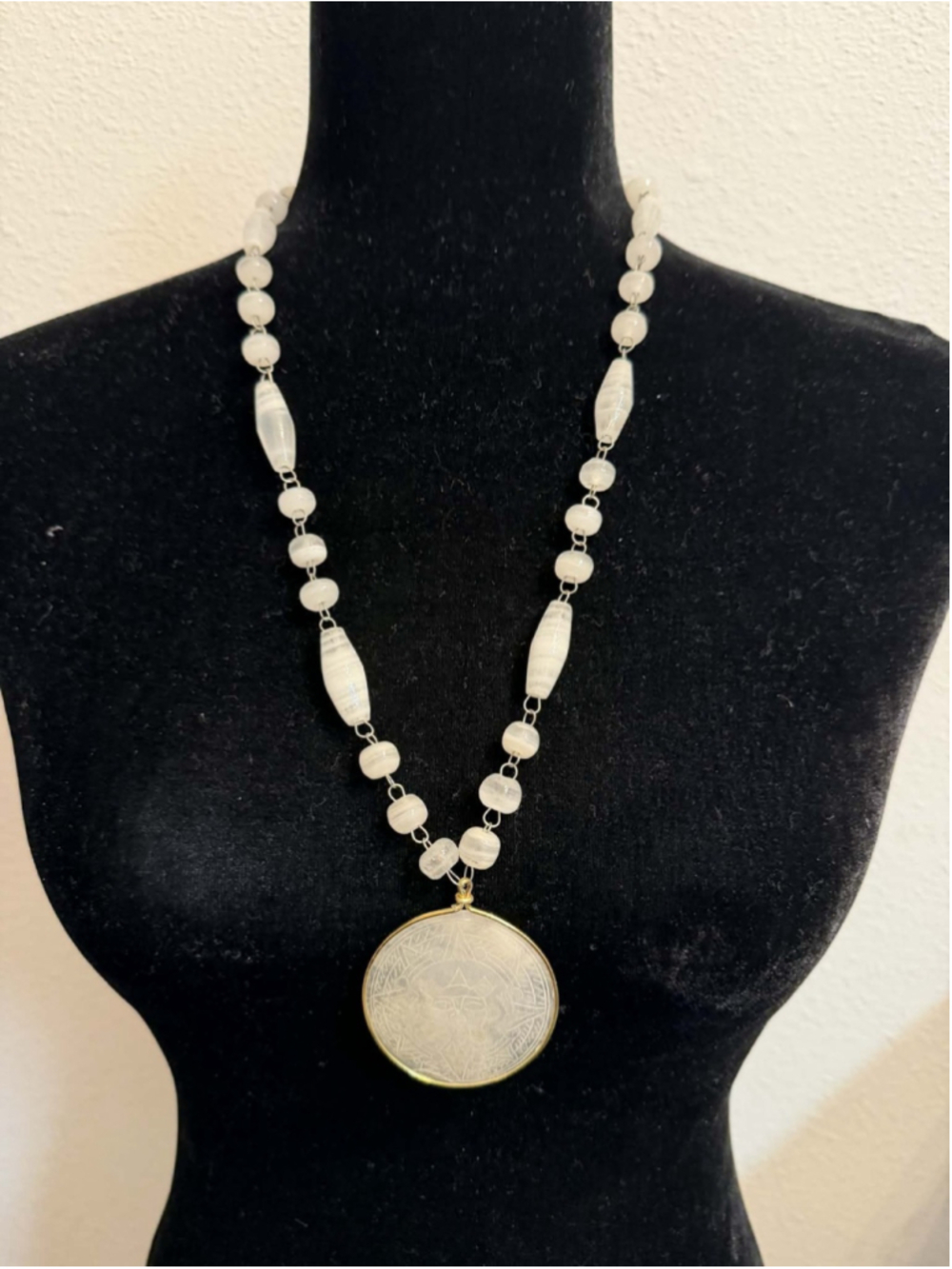Carved Quartz Pendant Necklace 3oz Artisan Statement Beaded Boho Ethnic